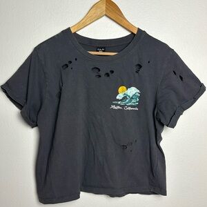 Vibe N’ Malibu California Skeleton Surfer Graphic Crop Distressed Tee